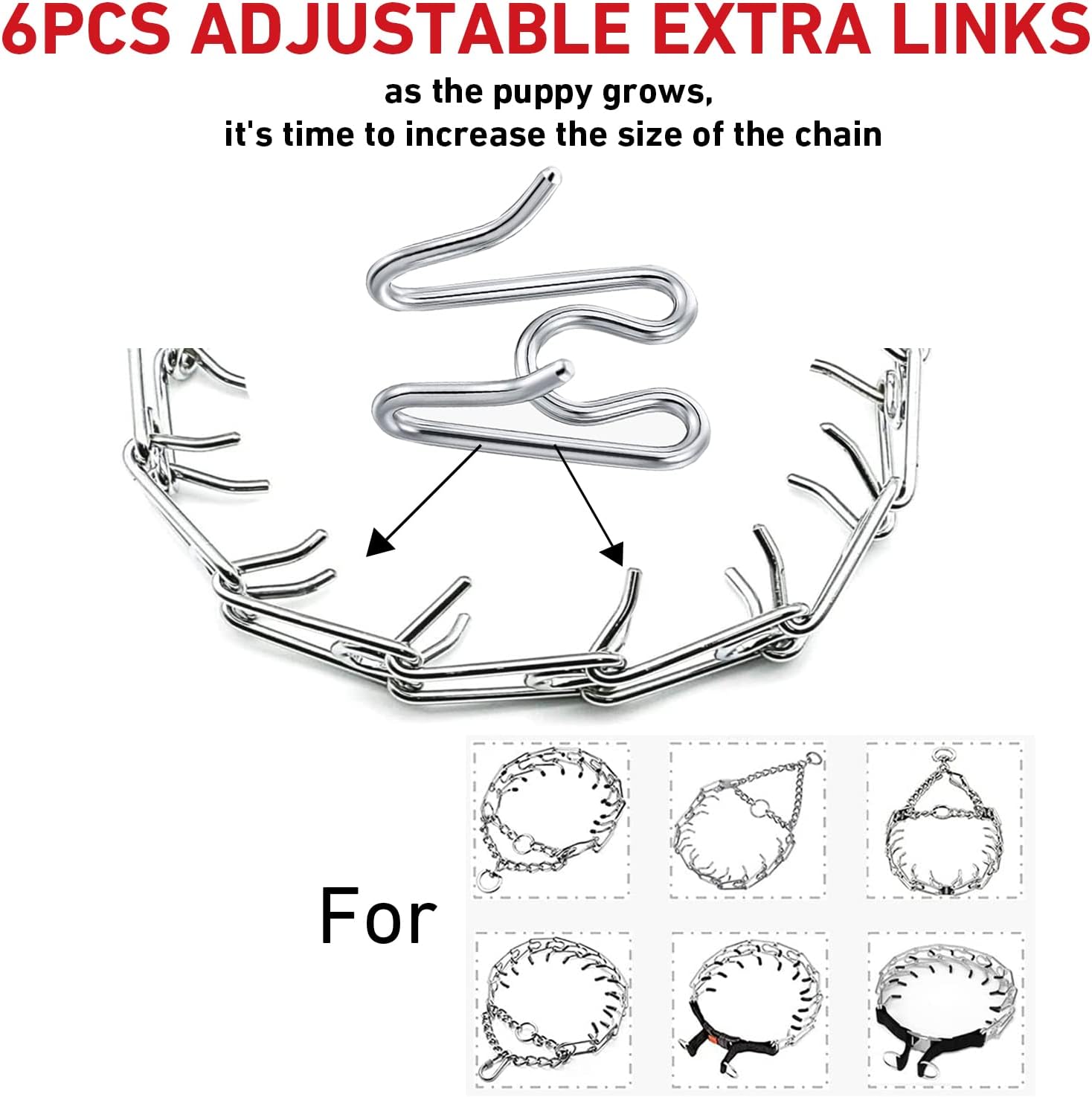 Close-up of 2.5 millimeter stainless steel dog training collar extension links.