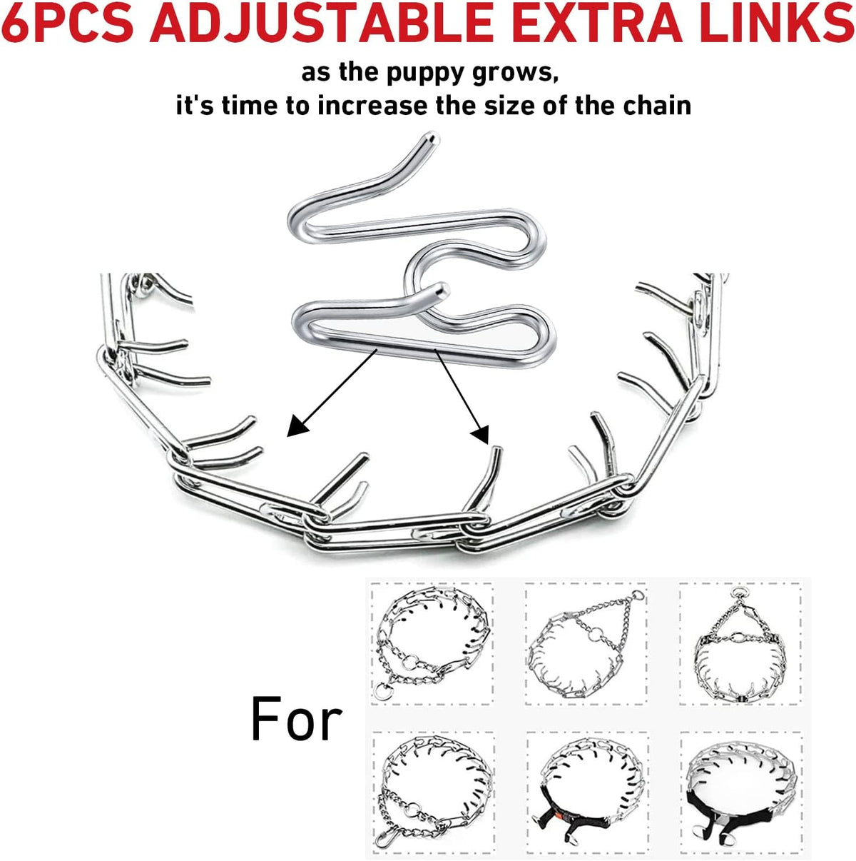 Close-up of 2.5 millimeter stainless steel dog training collar extension links.