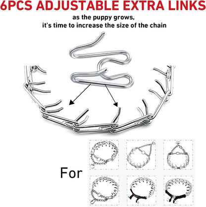 Close-up of 2.5 millimeter stainless steel dog training collar extension links.