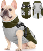 Fuamey dog winter jacket green front view with harness