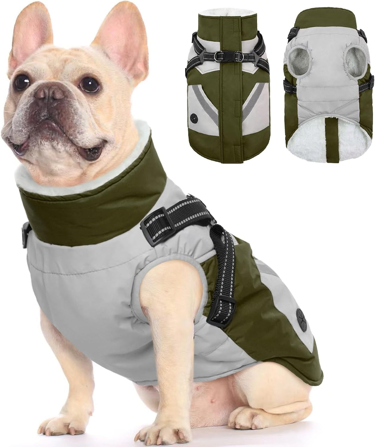 Fuamey dog winter jacket green front view with harness