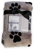 Packaging presentation of the Pawprints Left by You sympathy blanket ideal for gifting to grieving pet owners.