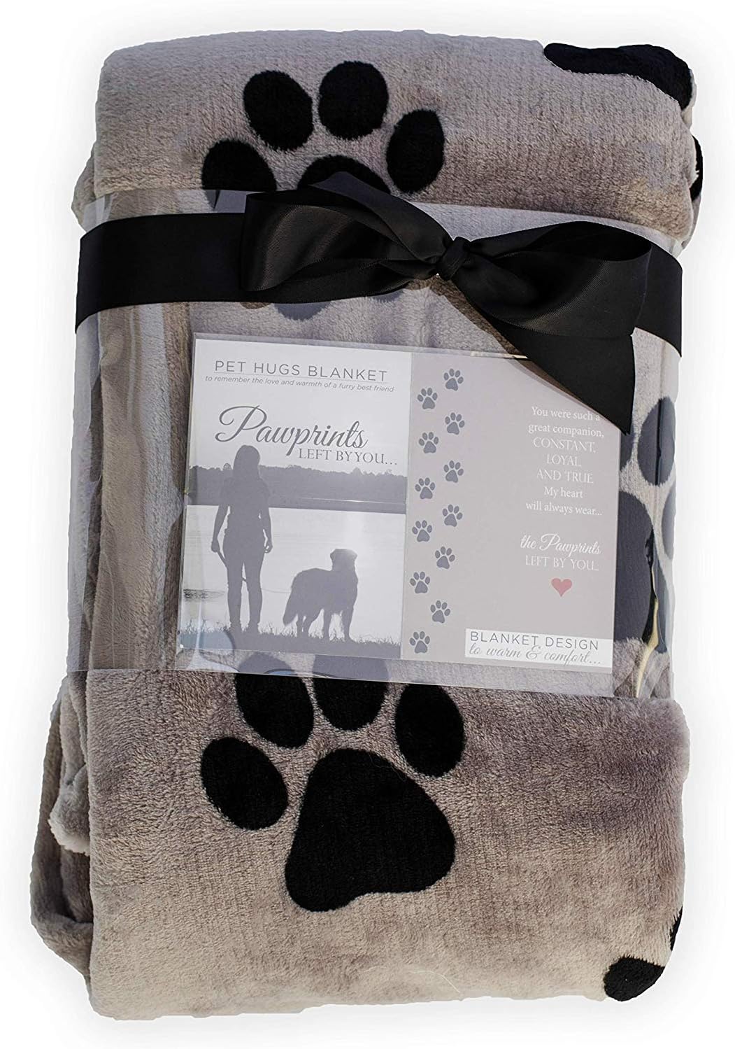 Packaging presentation of the Pawprints Left by You sympathy blanket ideal for gifting to grieving pet owners.