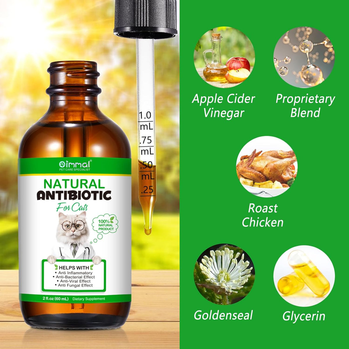Alivo cat immune support liquid drops with chicken flavor details.