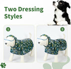 ExploreU green dinosaur printed dog rain poncho laid flat showing full dimensions