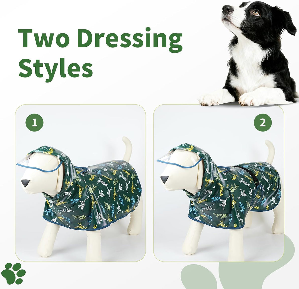 ExploreU green dinosaur printed dog rain poncho laid flat showing full dimensions