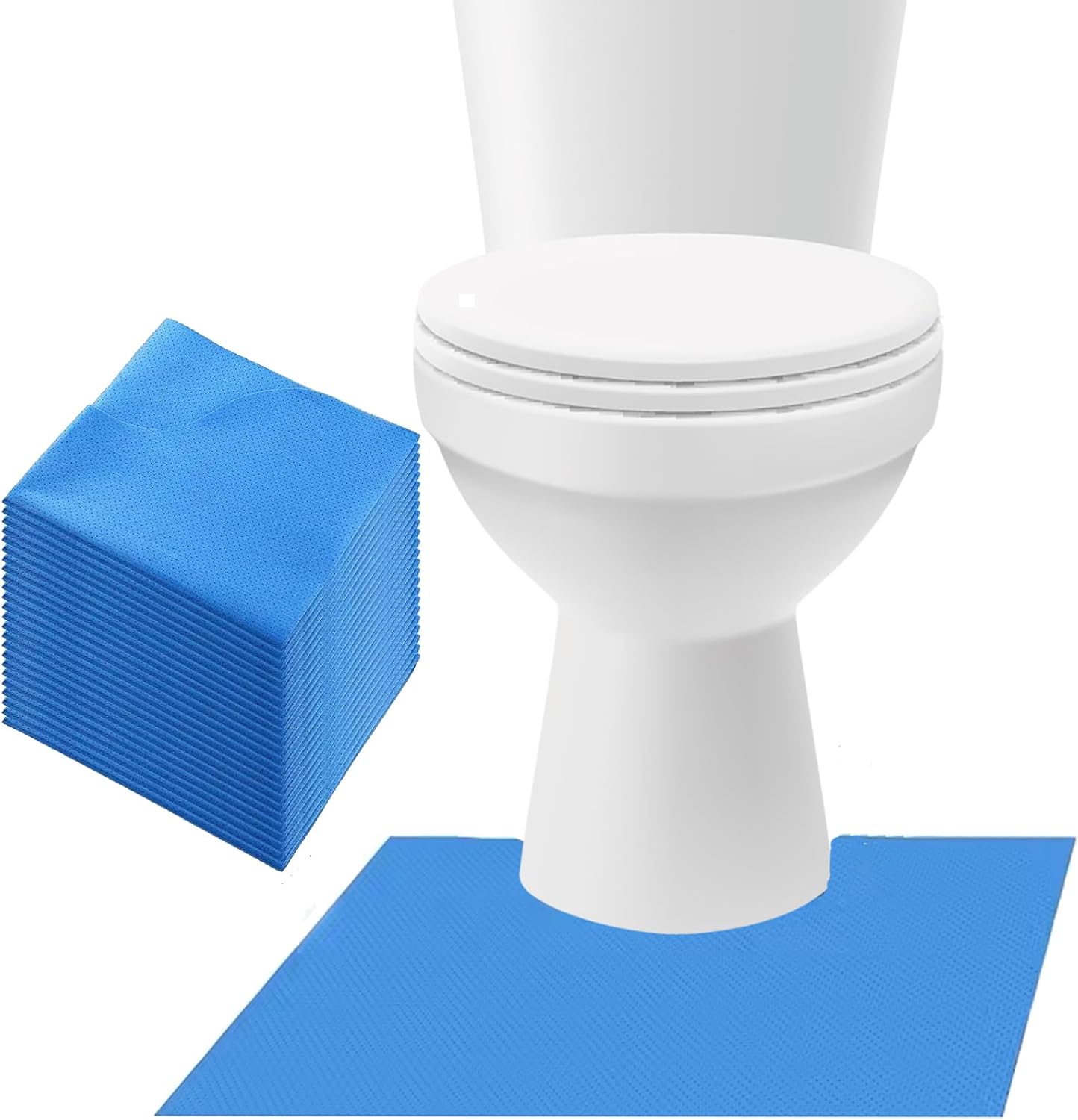 Camargue upgraded disposable toilet mats 20 pack front view highlighting the super absorbent U shaped design around the commode base.