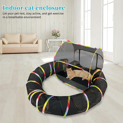 Spacious interior of the outdoor pet enclosure holding a litter box and cat toys