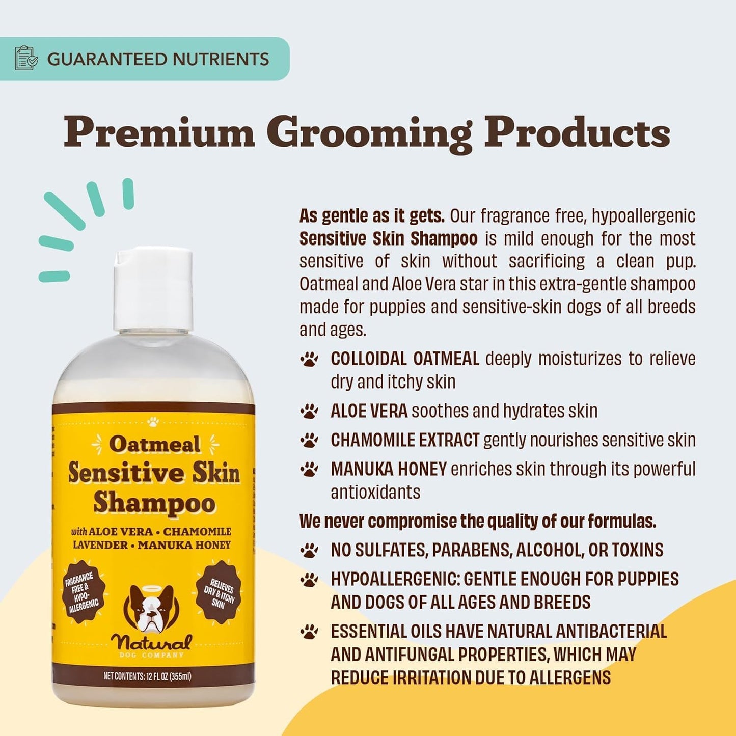 Natural Dog Company sensitive skin shampoo bottle close up showing ingredients