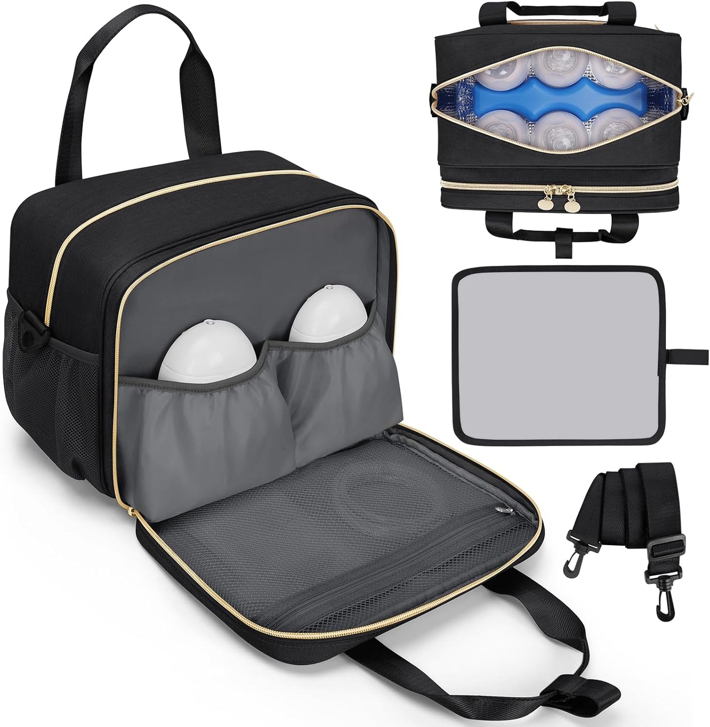 OCKLILY wearable breast pump bag front view in black
