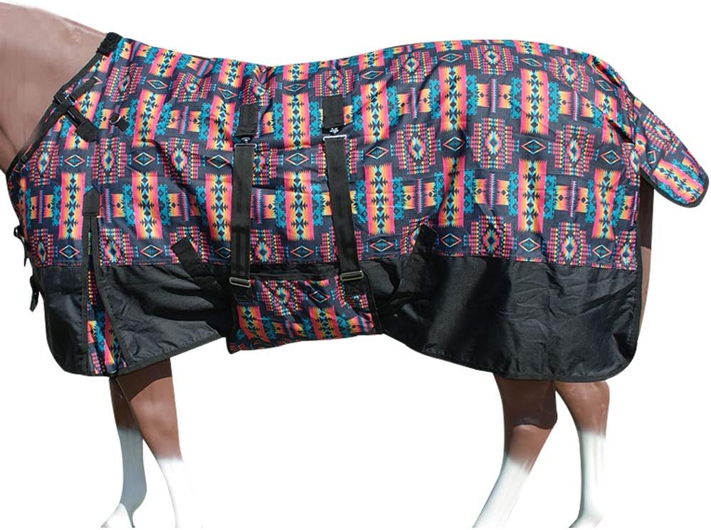 Hilason 1200D Winter Waterproof Poly Horse Turnout Blanket front view showing tribal black aztec pattern.