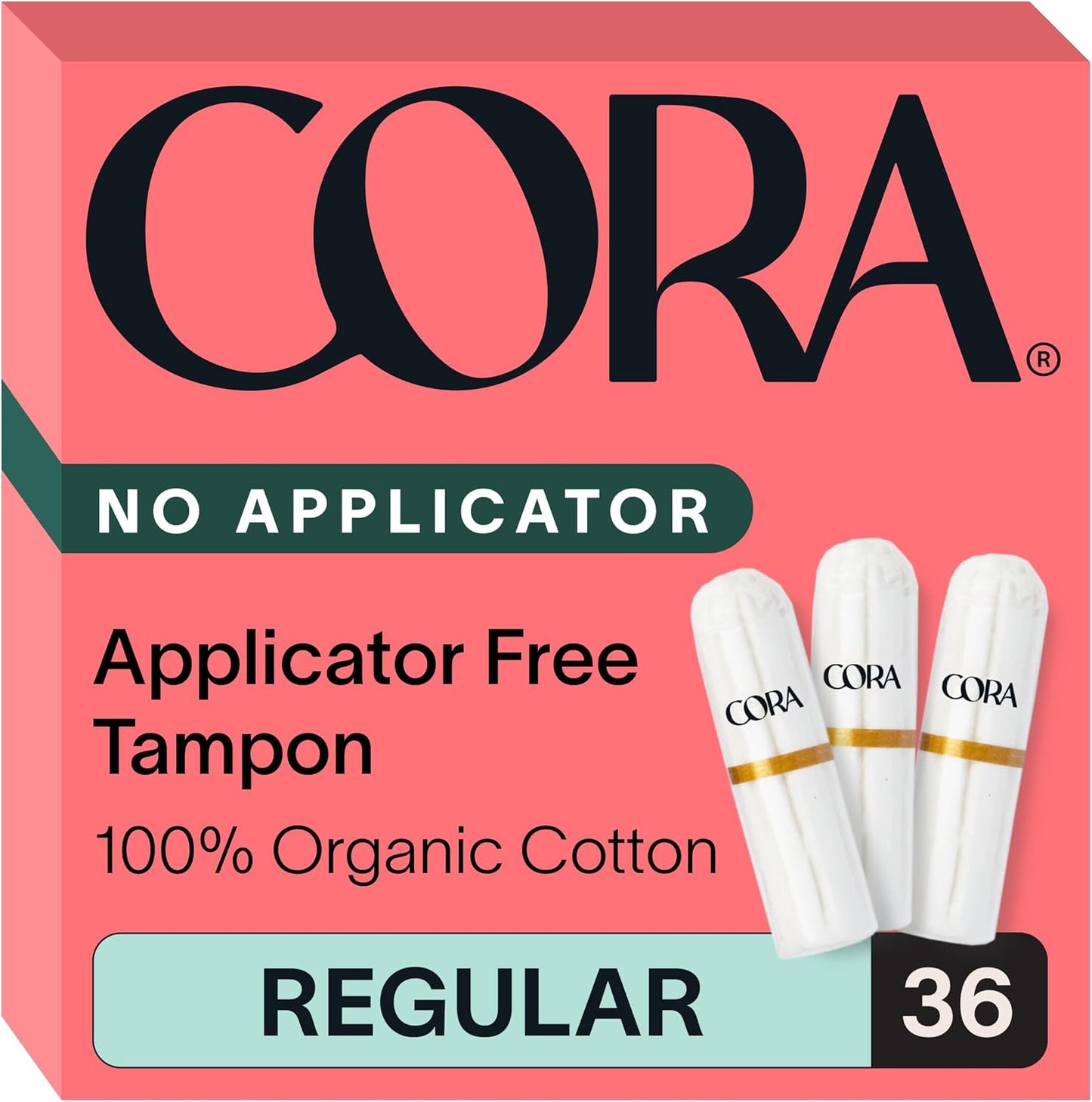 Cora Organic Cotton Non-Applicator Tampons front view 36 count box