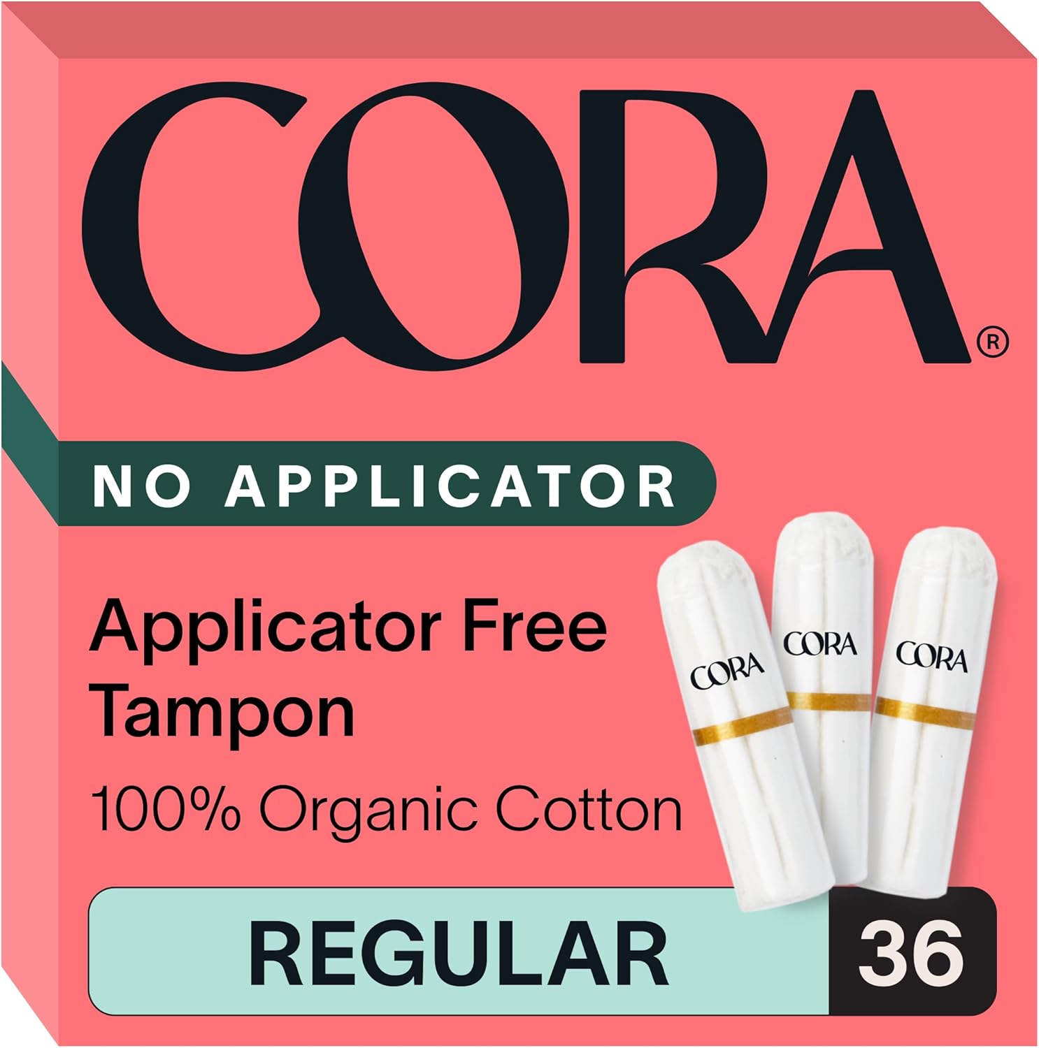 Cora Organic Cotton Non-Applicator Tampons front view 36 count box