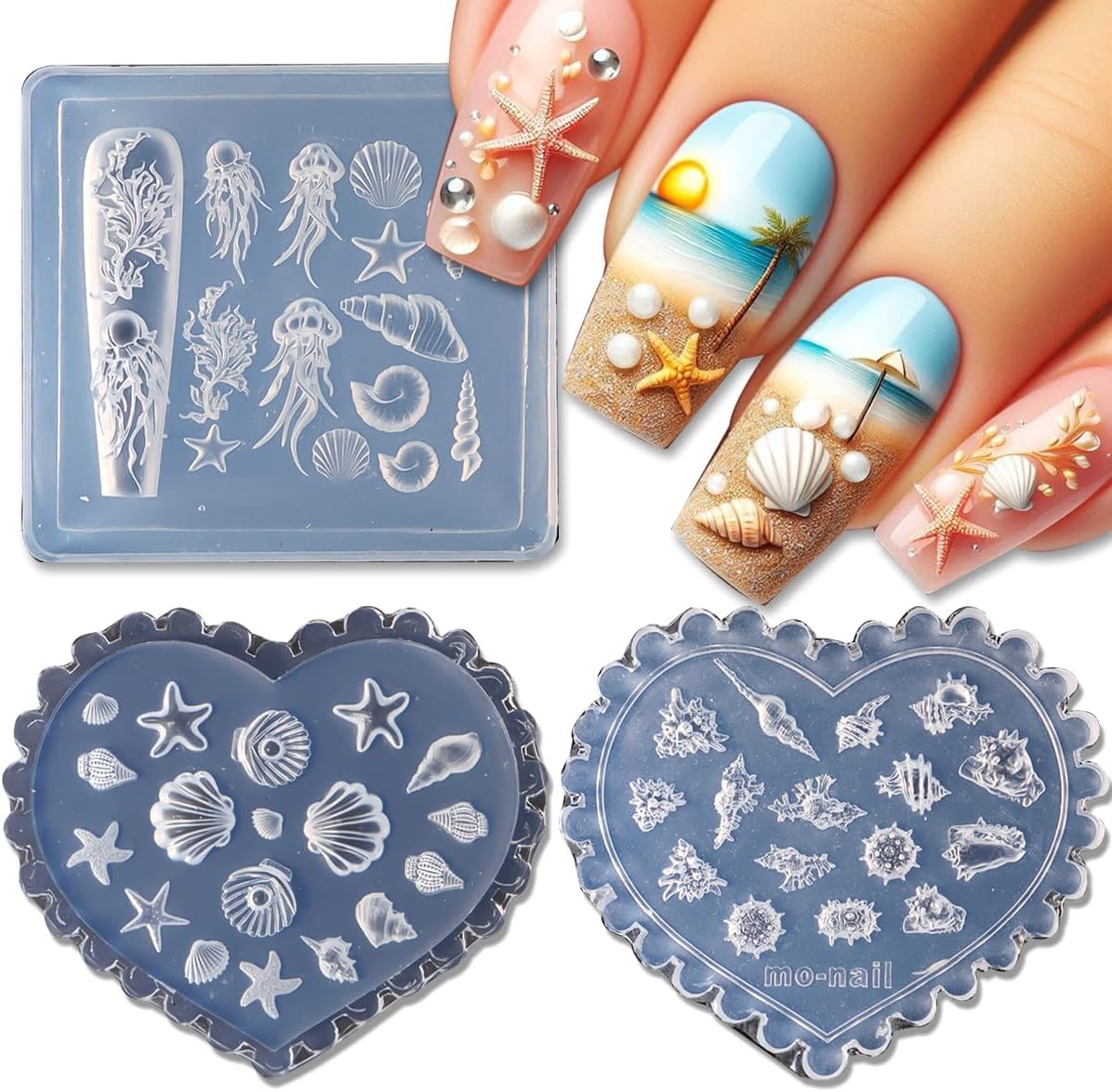 SUTOZMIWE 3D Shell Starfish Silicone Nail Molds three piece set front view showing ocean themed patterns