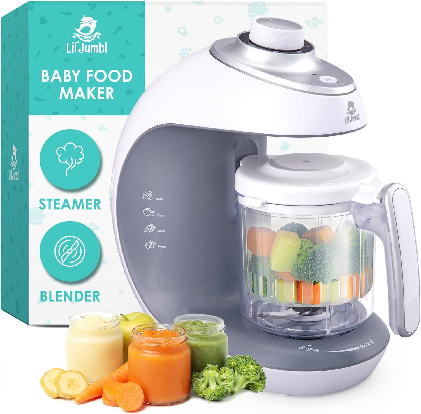 Lil Jumbl baby food maker front view showing white and gray electric steamer and blender base unit