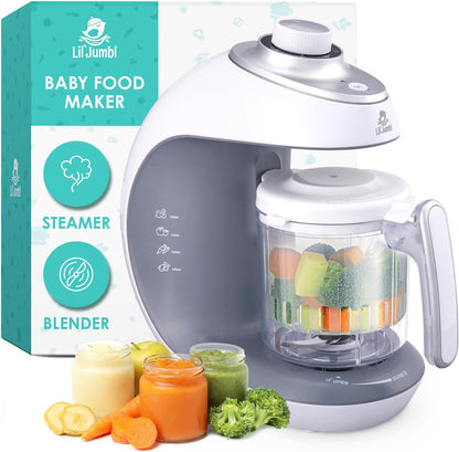 Lil Jumbl baby food maker front view showing white and gray electric steamer and blender base unit