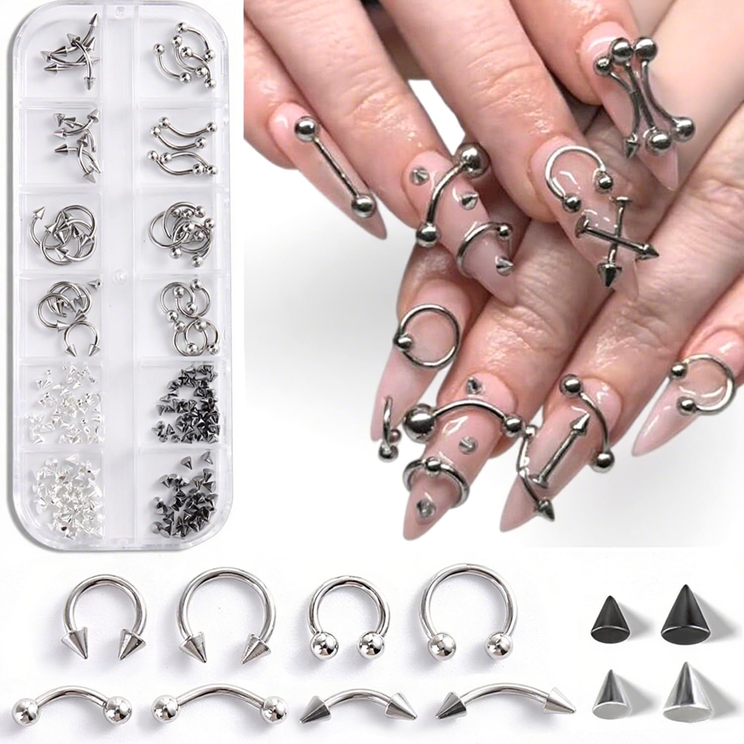 Furtherpretty Piercing Nail Charms Set in 12-grid storage box front view
