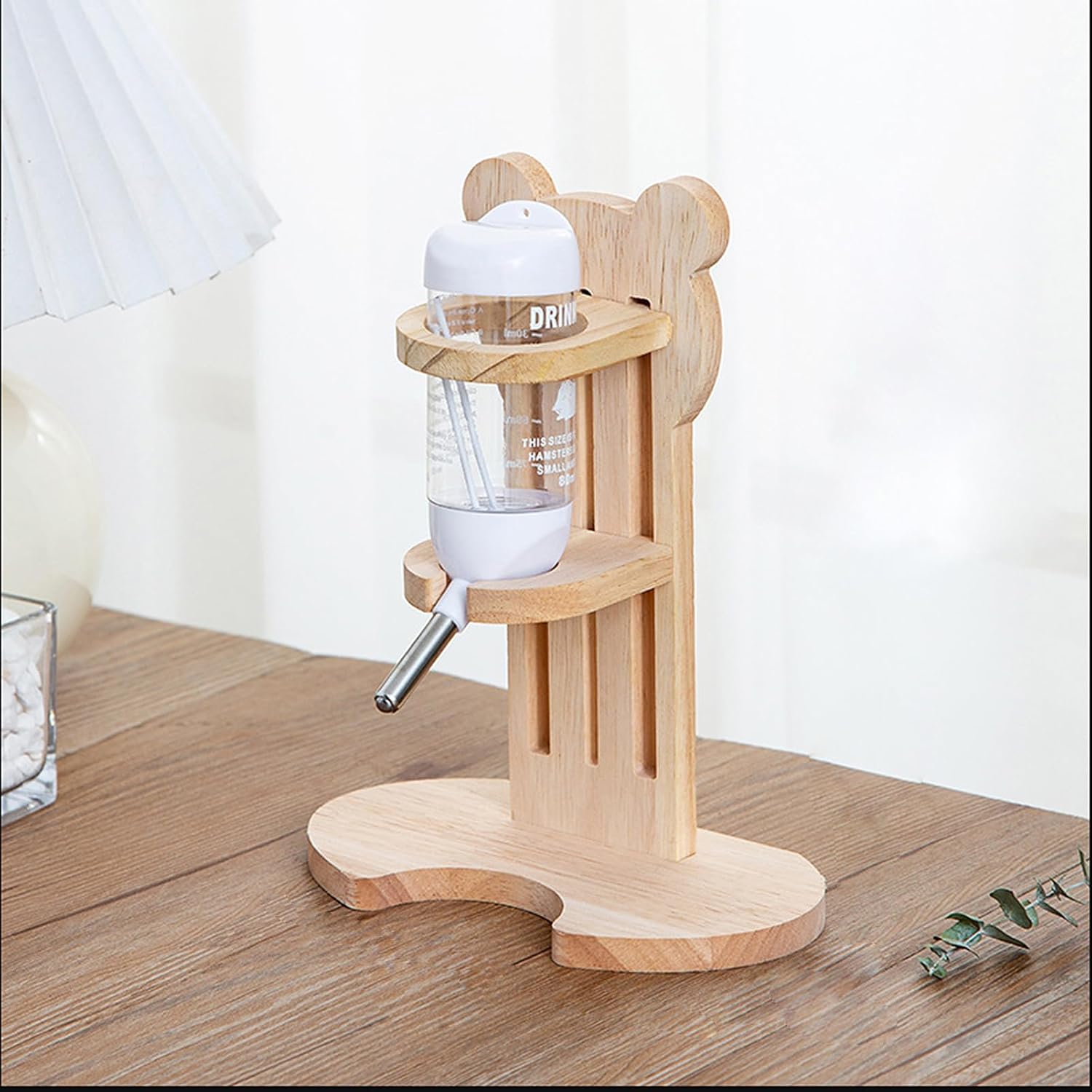 Hamster Water Bottle with Wooden Food Container Base for Dwarf Hamster Gerbil Small Animals (White, 80ml(2.7oz)) - Image 1