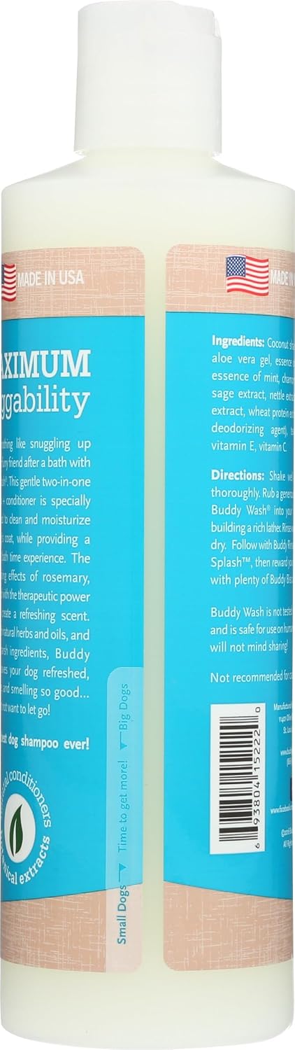 Buddy Wash 2 in 1 dog shampoo bottle label details