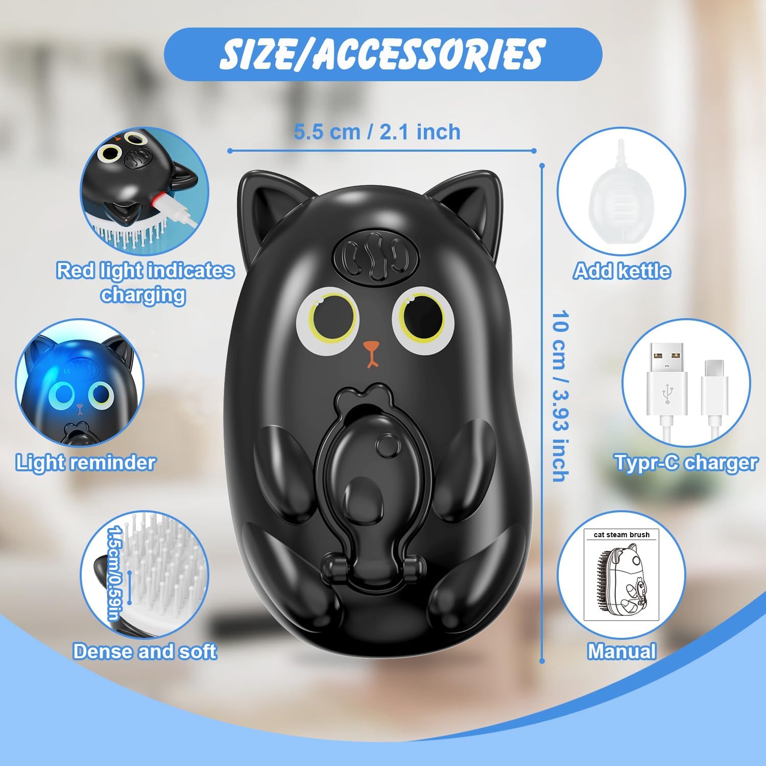 Black cat-shaped deshedding steam brush for long haired pets close up