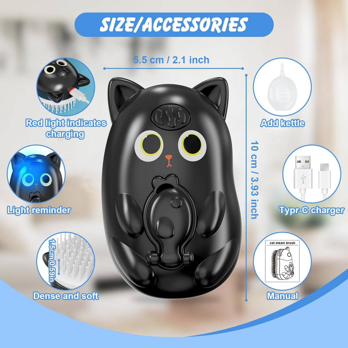 Black cat-shaped deshedding steam brush for long haired pets close up