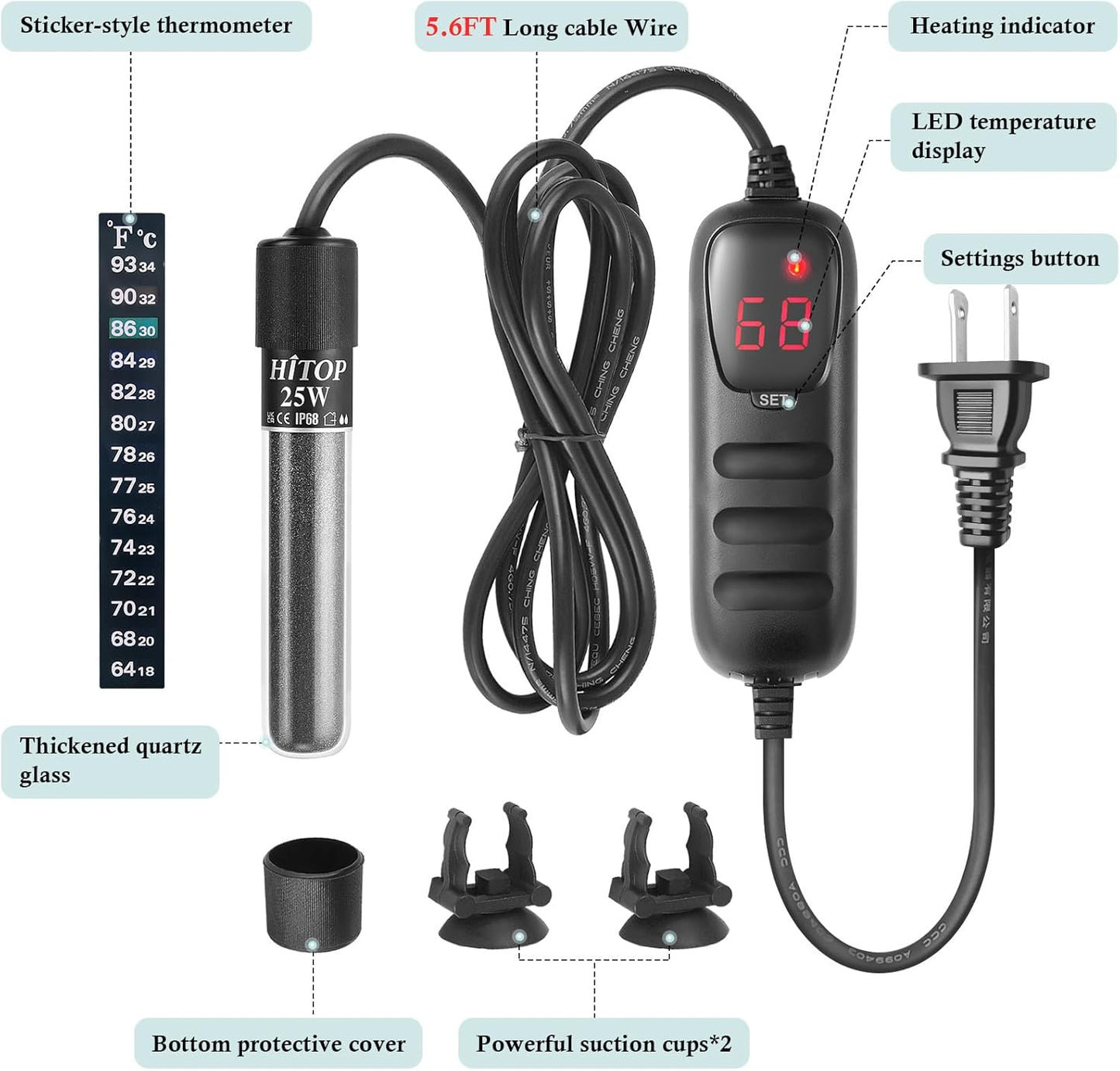 Close up of Hitop aquarium heater LED digital temperature display