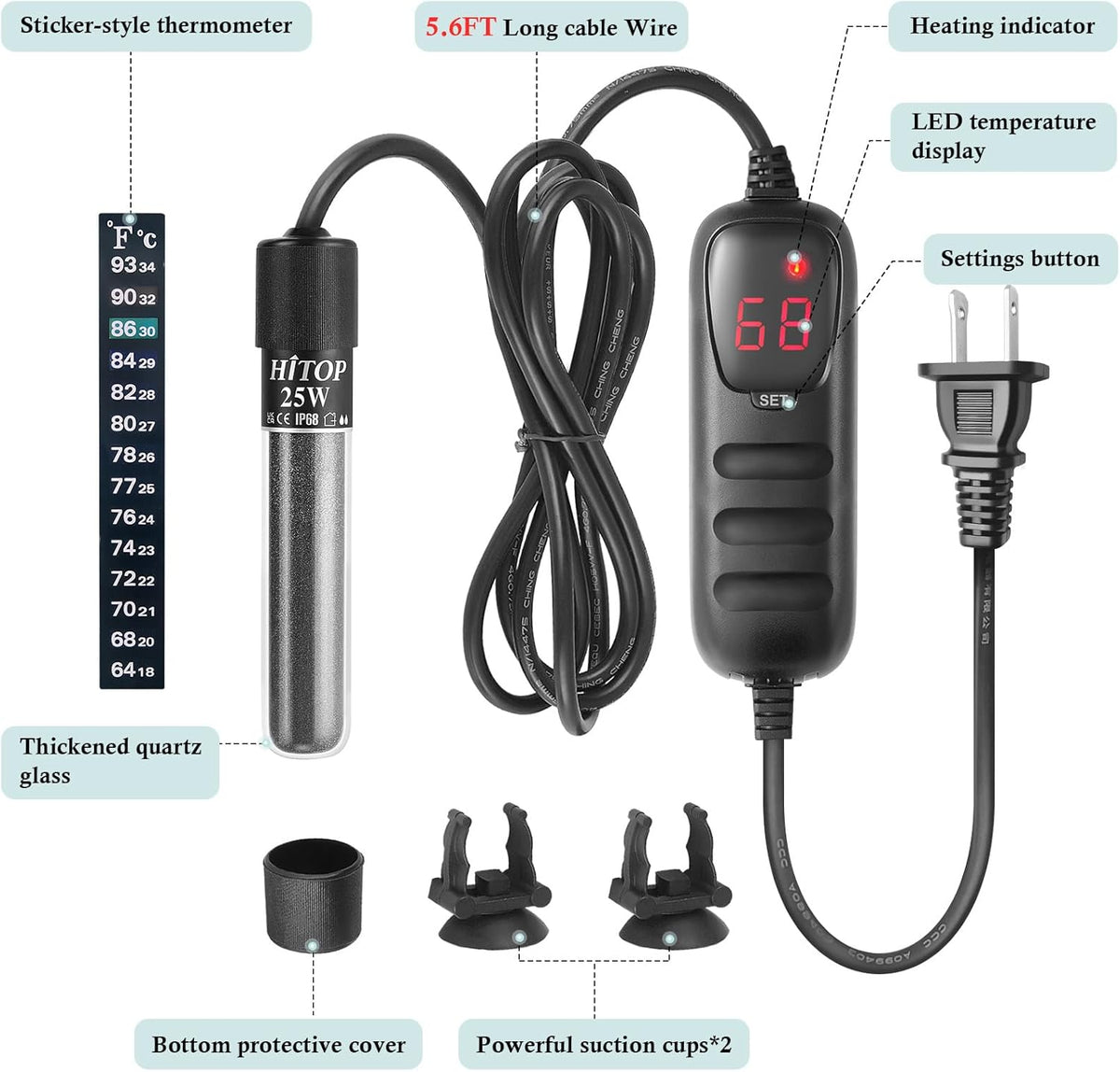 Close up of Hitop aquarium heater LED digital temperature display