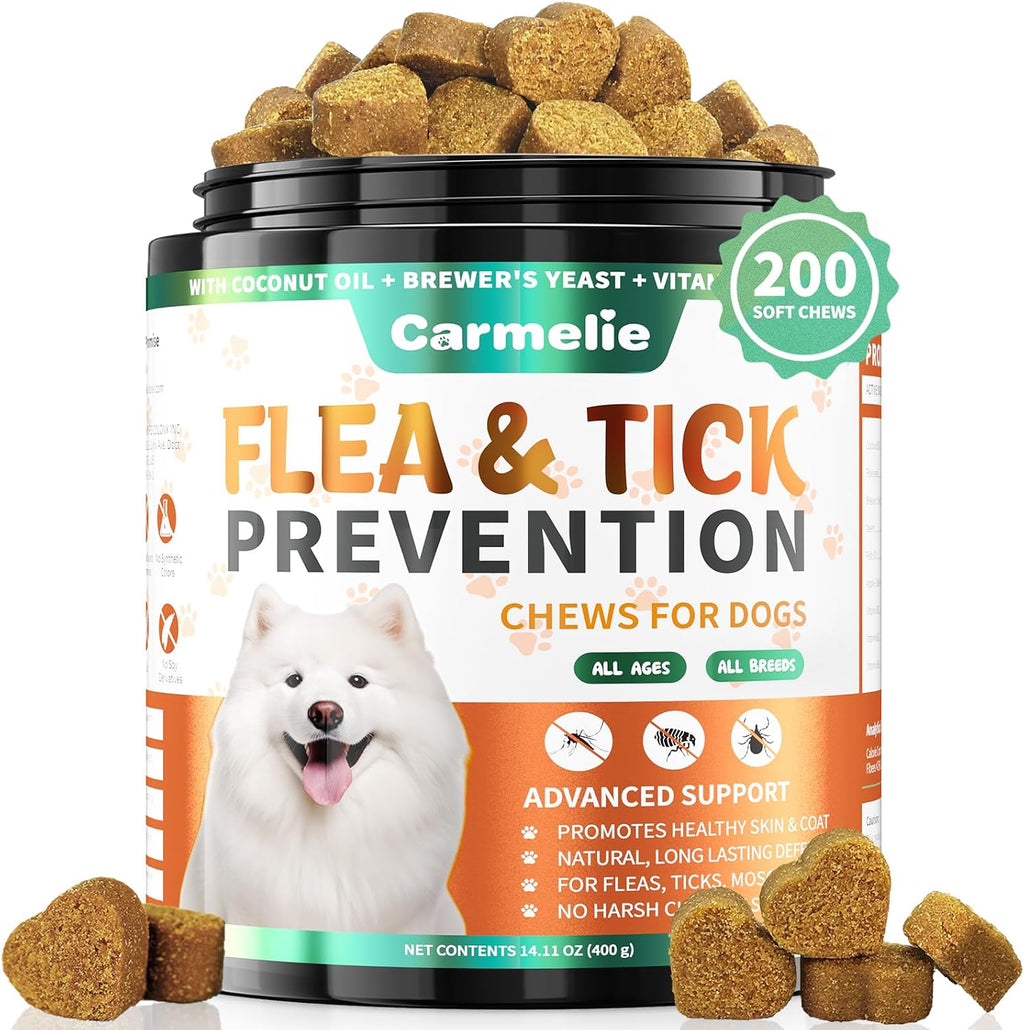 Carmelie Flea and Tick Prevention for Dogs jar front view showing natural duck flavored chews for pet care.
