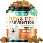 Carmelie Flea and Tick Prevention for Dogs jar front view showing natural duck flavored chews for pet care.