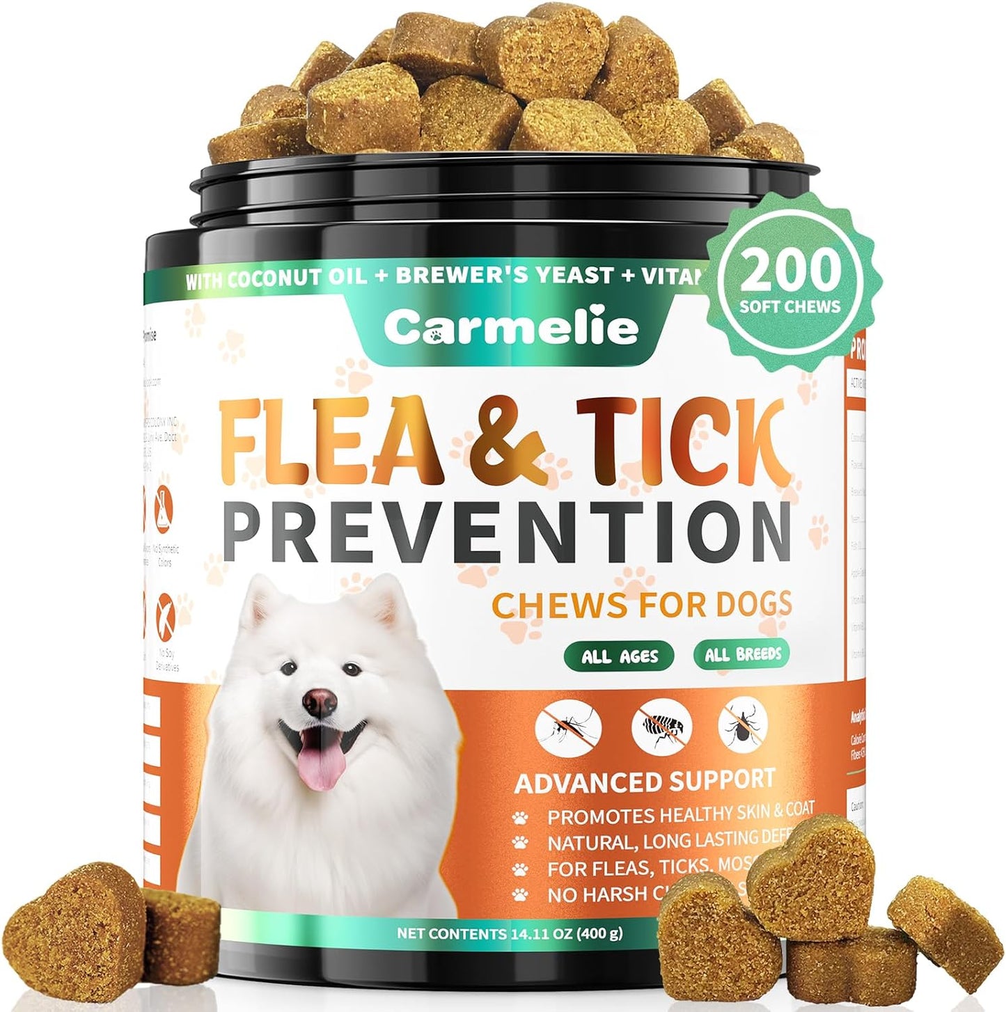 Carmelie Flea and Tick Prevention for Dogs jar front view showing natural duck flavored chews for pet care.