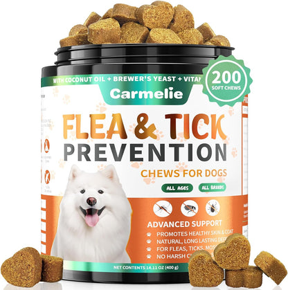 Carmelie Flea and Tick Prevention for Dogs jar front view showing natural duck flavored chews for pet care.