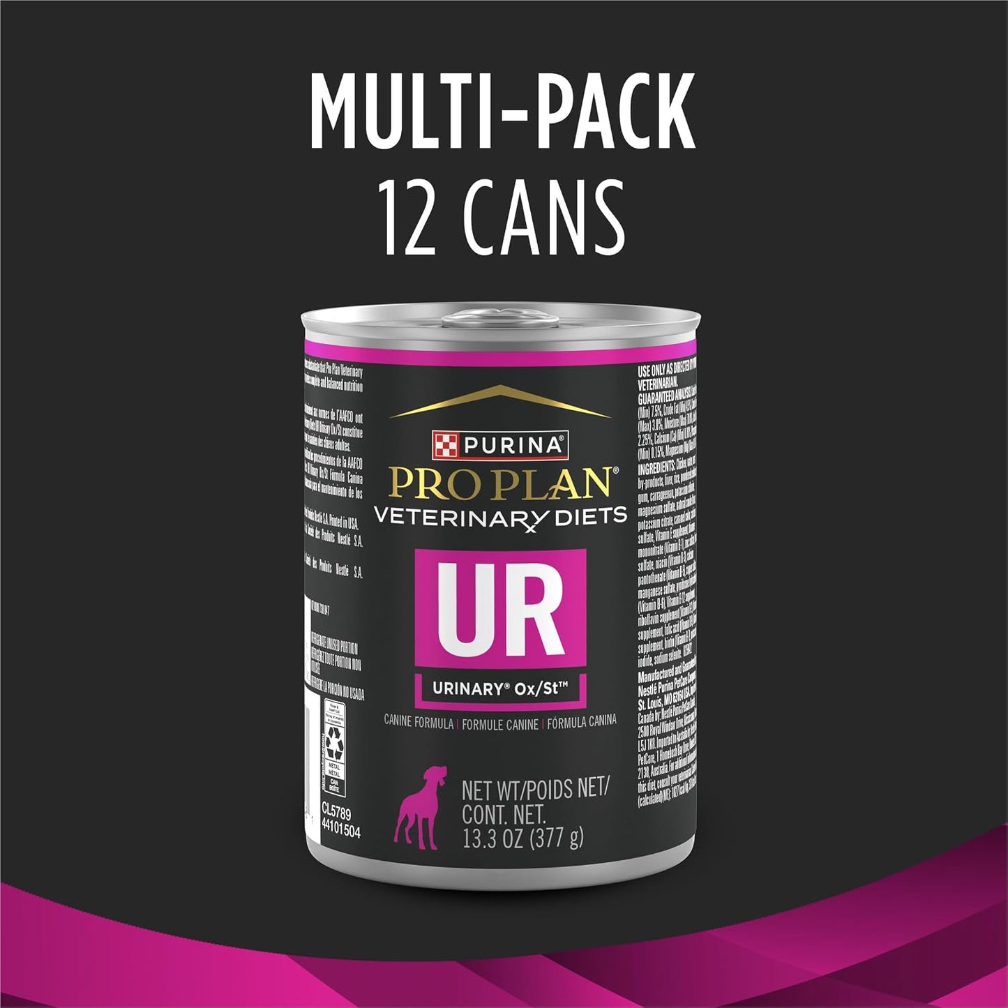 Imported USA authentic Purina veterinary diet UR canned food close up details.