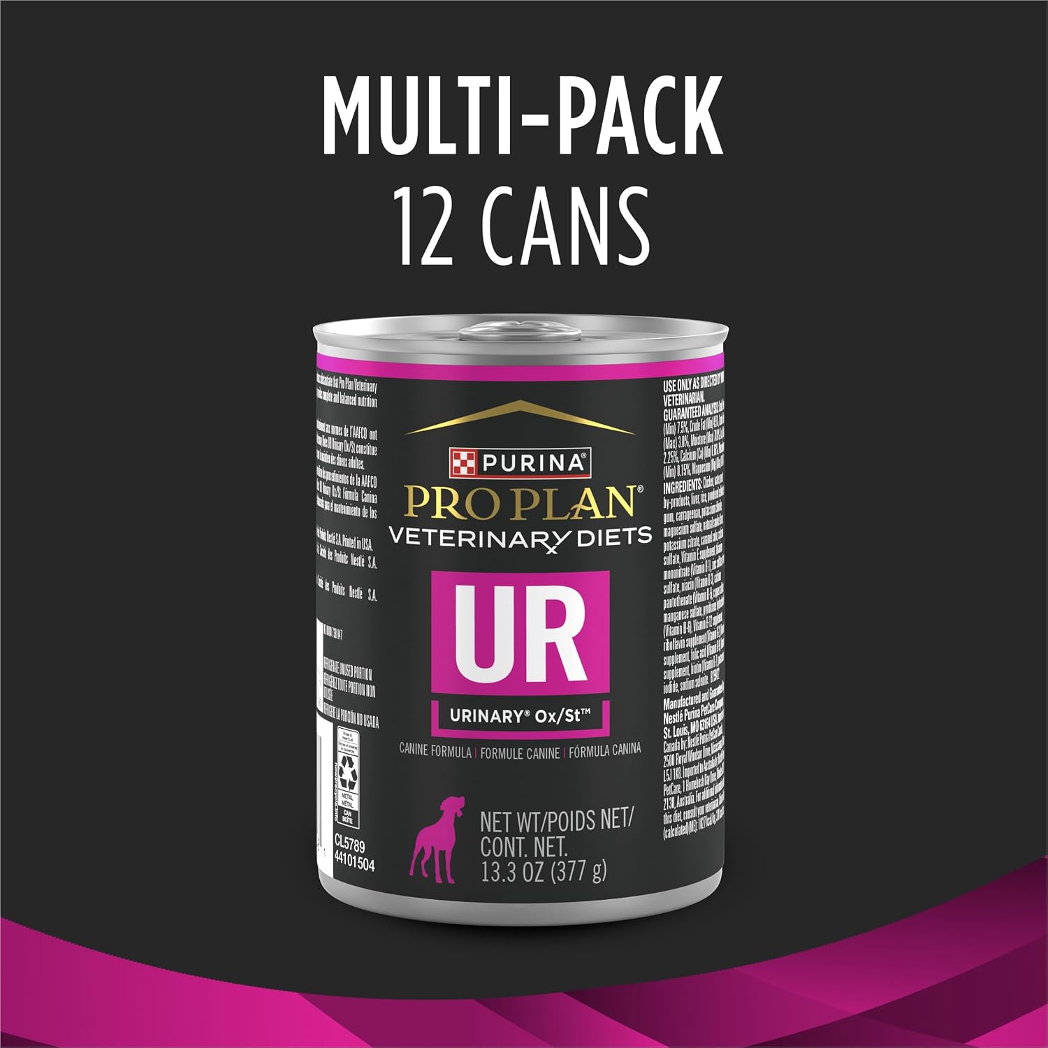 Imported USA authentic Purina veterinary diet UR canned food close up details.