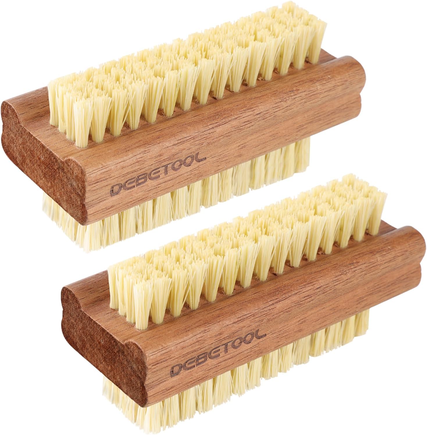 DEBETOOL acacia wood nail brush 2 pack front view showing premium natural sisal bristles.