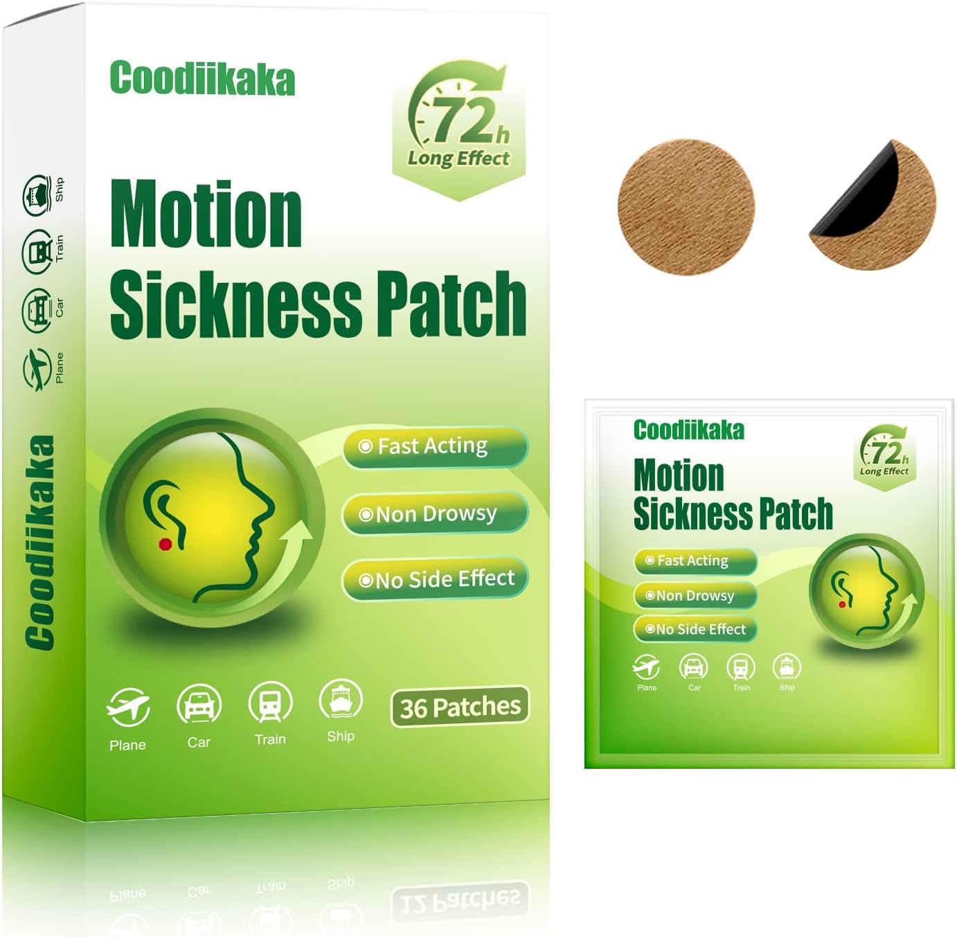 Coodiikaka motion sickness patches box front view displaying non drowsy herbal formula