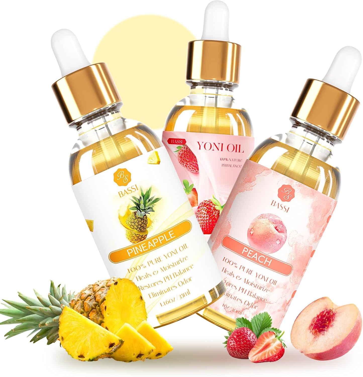 BASSI 3 Pack Yoni Oil bottles front view feminine care set