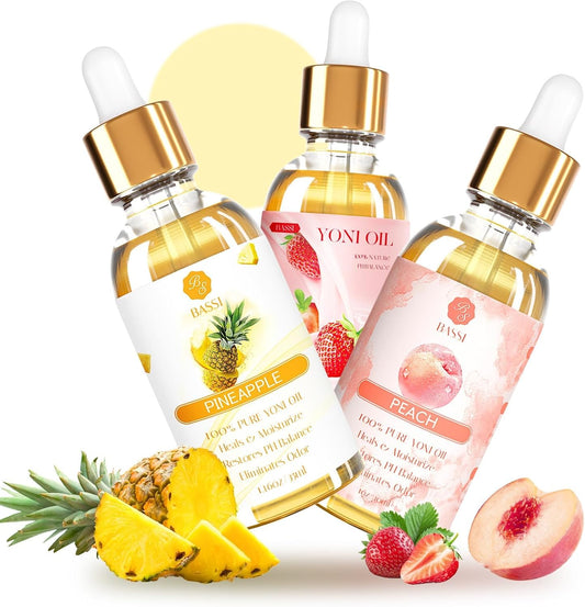 BASSI 3 Pack Yoni Oil bottles front view feminine care set