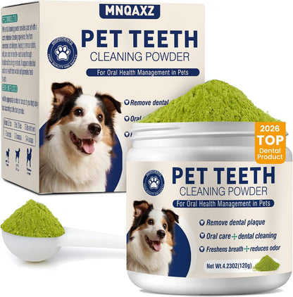 Caqorzo Dog Dental Powder front view container showing premium pet tartar remover packaging.