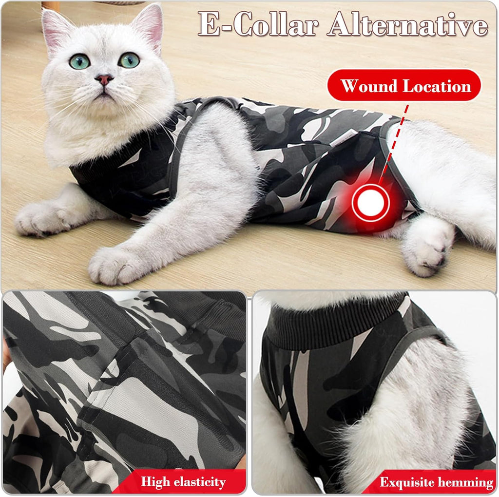 Litter box friendly design detail on the rear of the camouflage cat onesie.