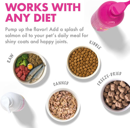 Nutritional information and dosage guide on the 32 Ounce dog and cat fish oil bottle.