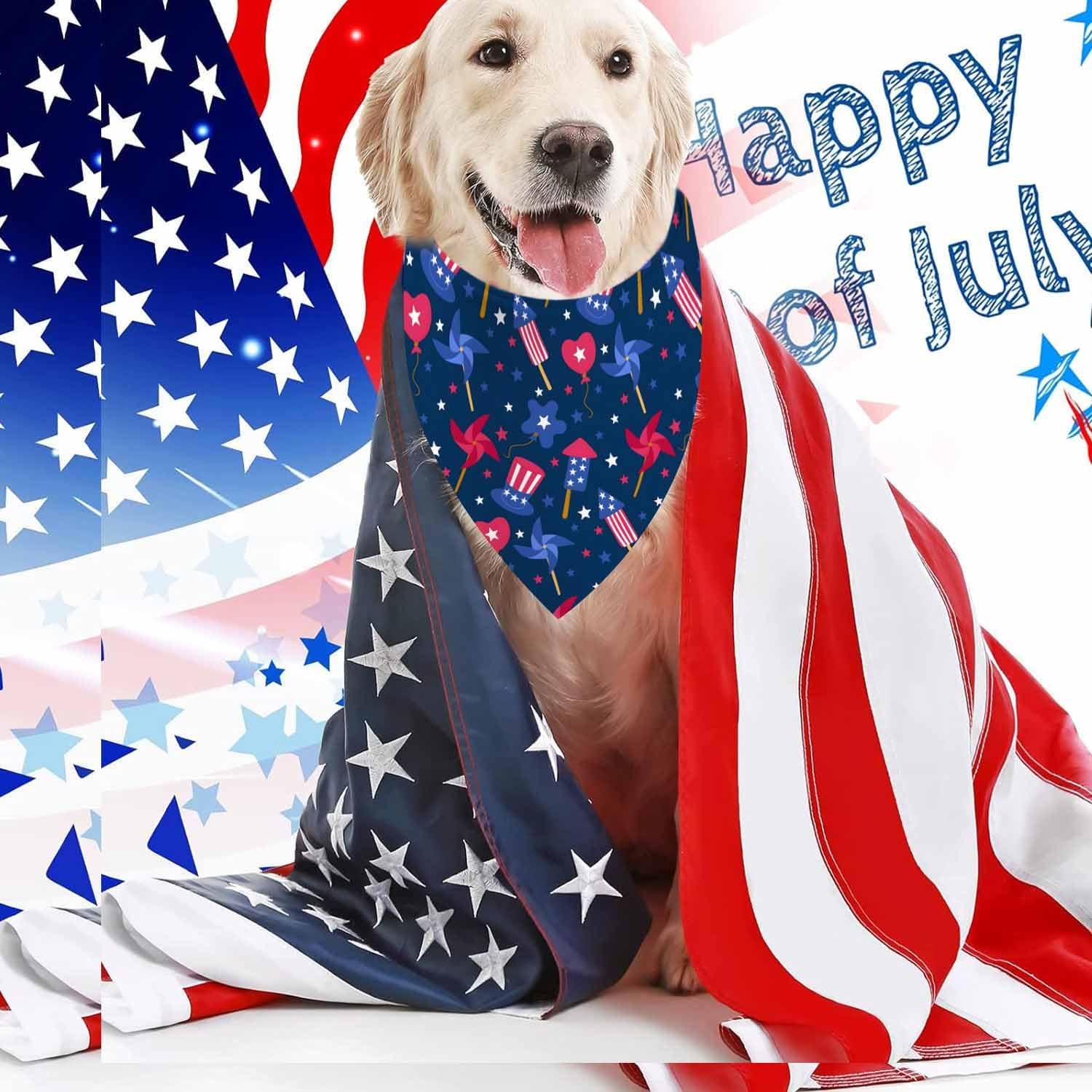 Dog wearing patriotic reversible floral star bandana