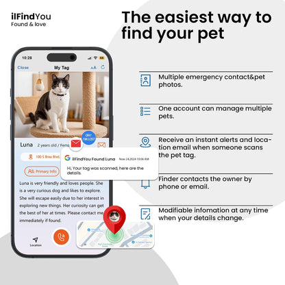 ILFINDYOU custom pet identifier attached to a pink kitten collar demonstrating its silent compact size.