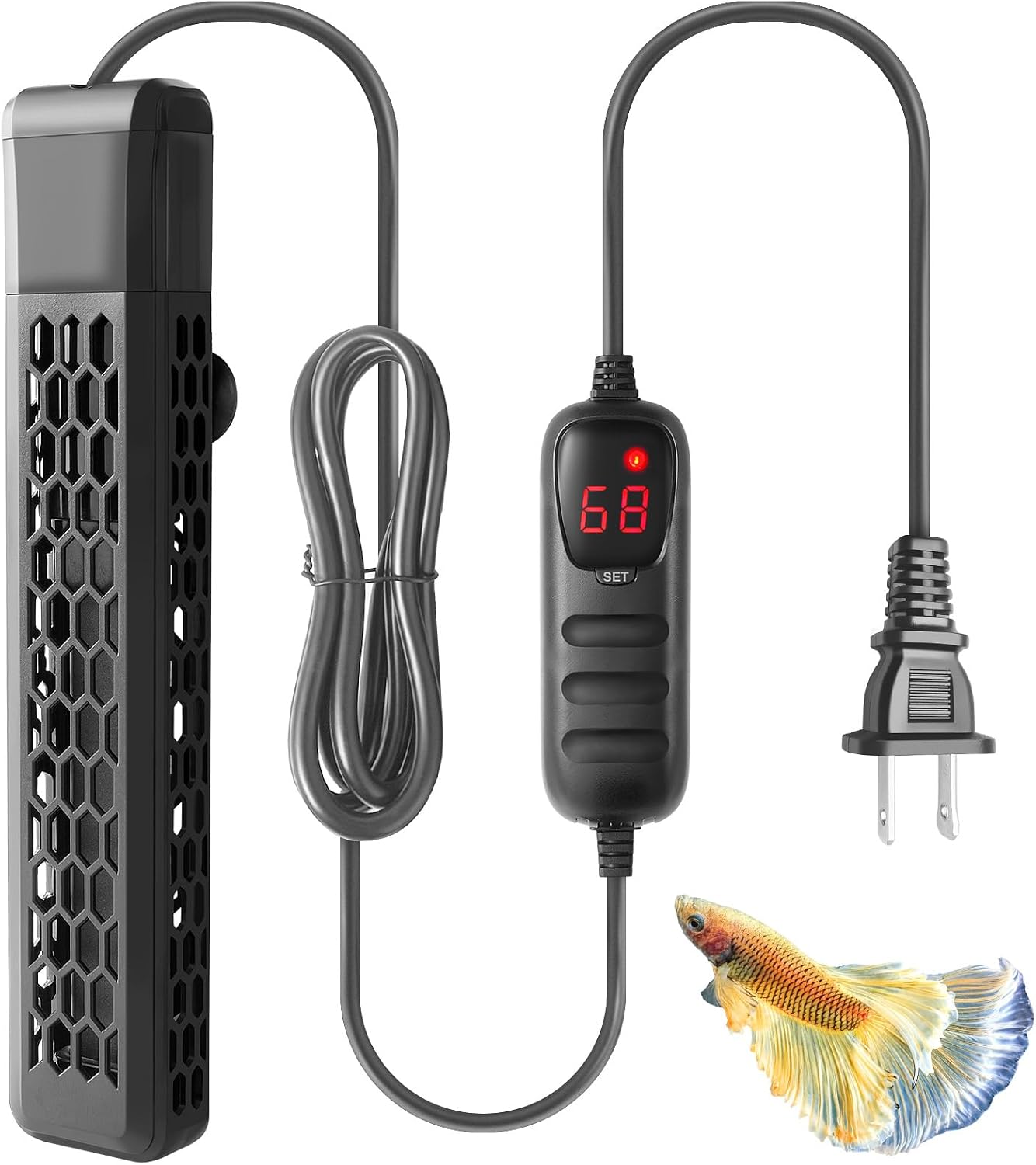 Hitop 200 Watt Aquarium PTC Heater front view showcasing the digital temperature controller.