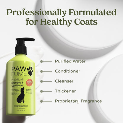 Premium show dog finishing shampoo bottle angled view highlighting veterinarian approved seal