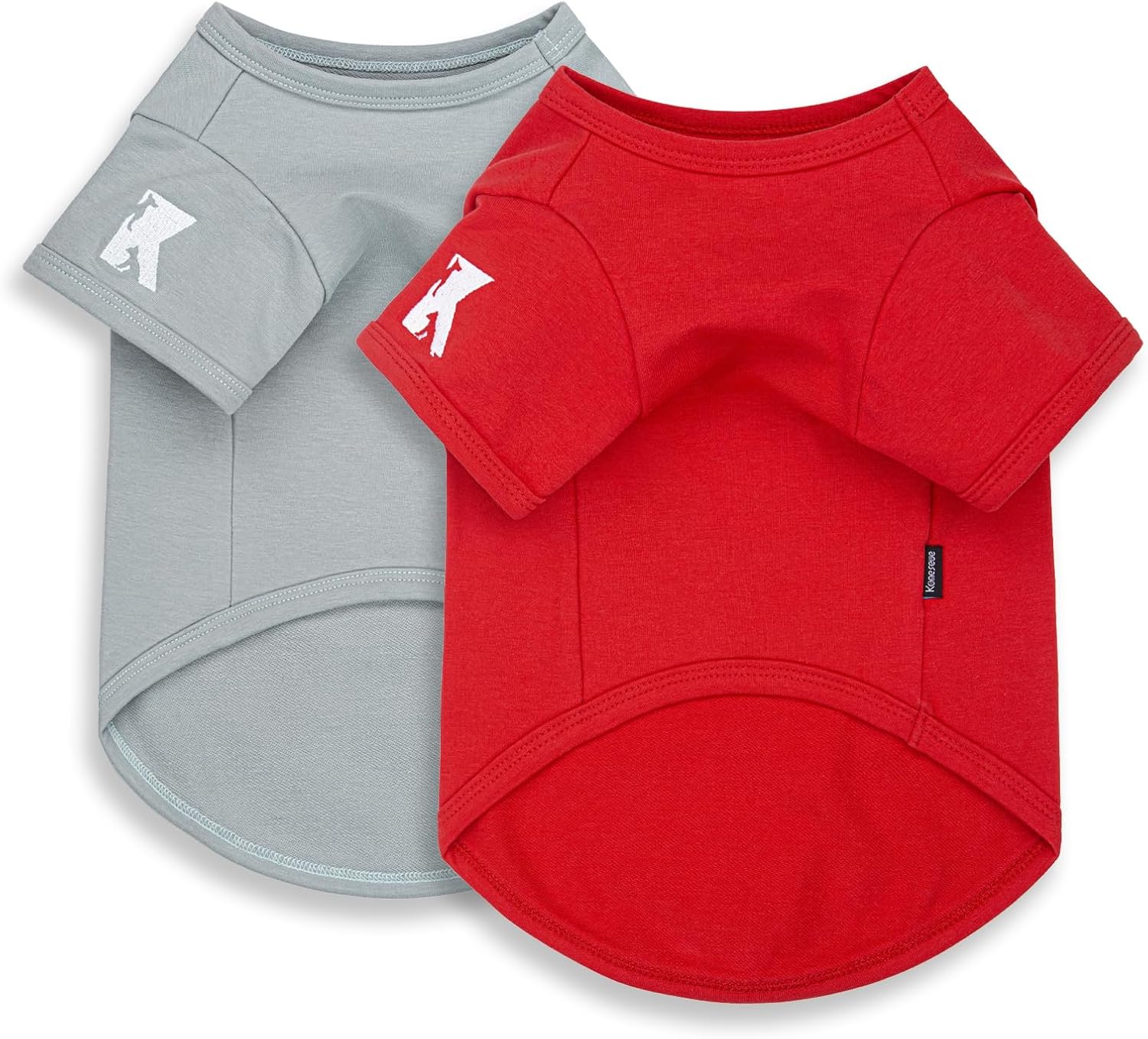 Koneseve dog shirt front view in sunny red and smoky blue