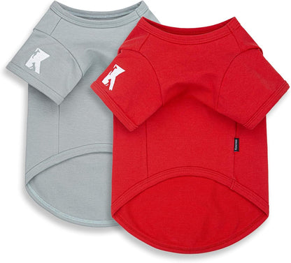 Koneseve dog shirt front view in sunny red and smoky blue