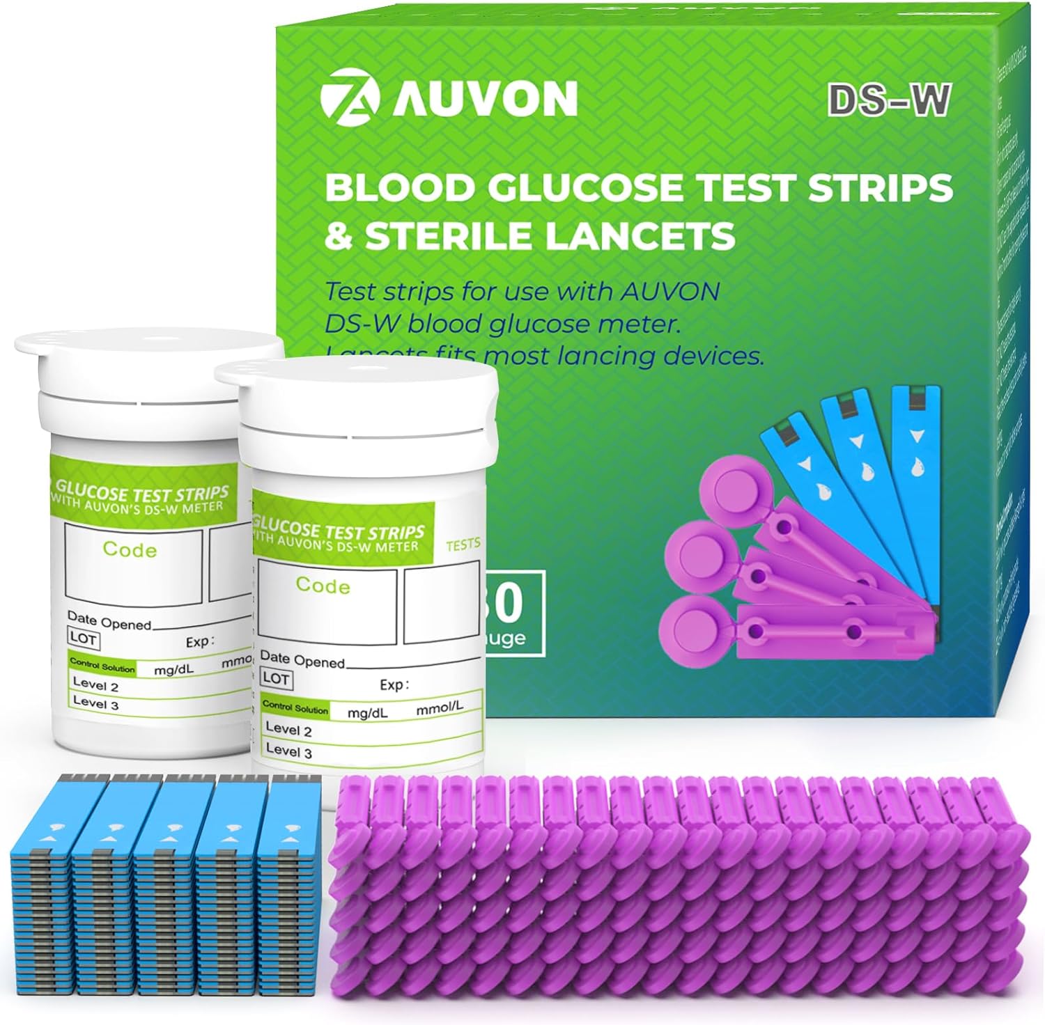 AUVON blood glucose test strips and diabetic lancets kit front packaging view showcasing authentic diabetes management supplies.