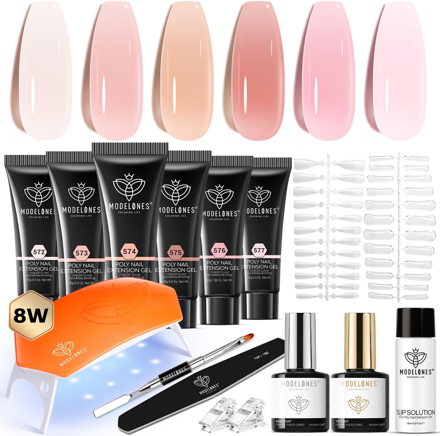 Modelones Poly Gel Nail Kit with 6 colors and 8W lamp front view