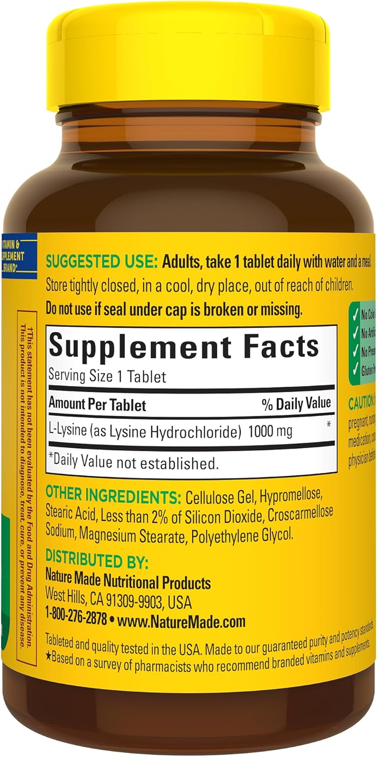 Close up view of authentic Nature Made L-Lysine bottle detailing amino acid wellness benefits