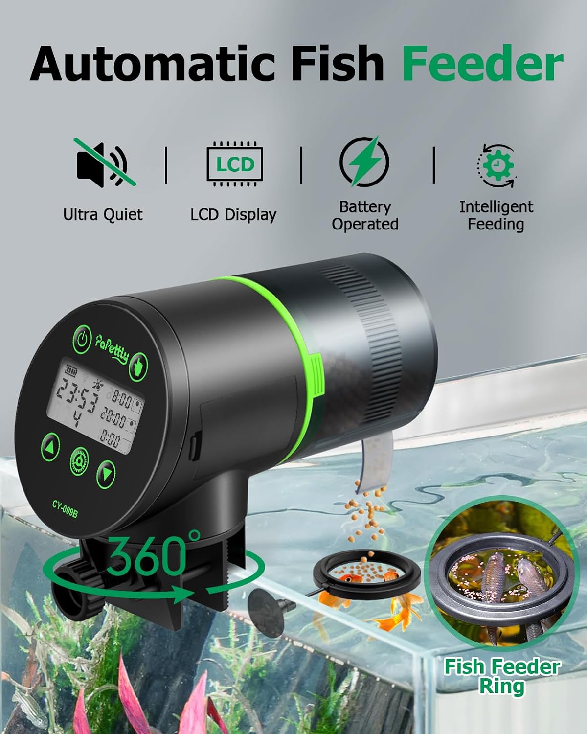 Papettly programmable aquarium food dispenser mounted on a glass fish tank rim with the clamp.